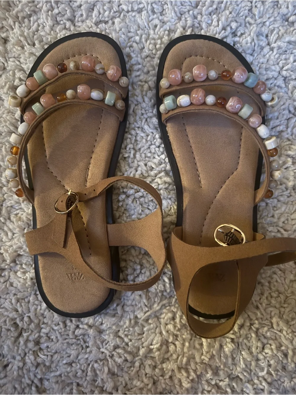 Zara Beaded Brown Girls Sandals - Strappy Slip-On